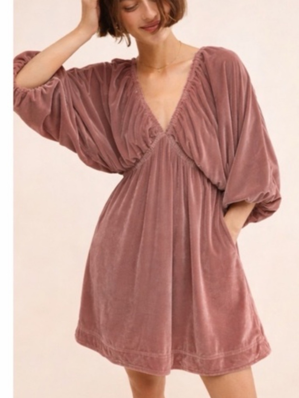 Free People Velvet V-Neck Babydoll Dress - Mauve
